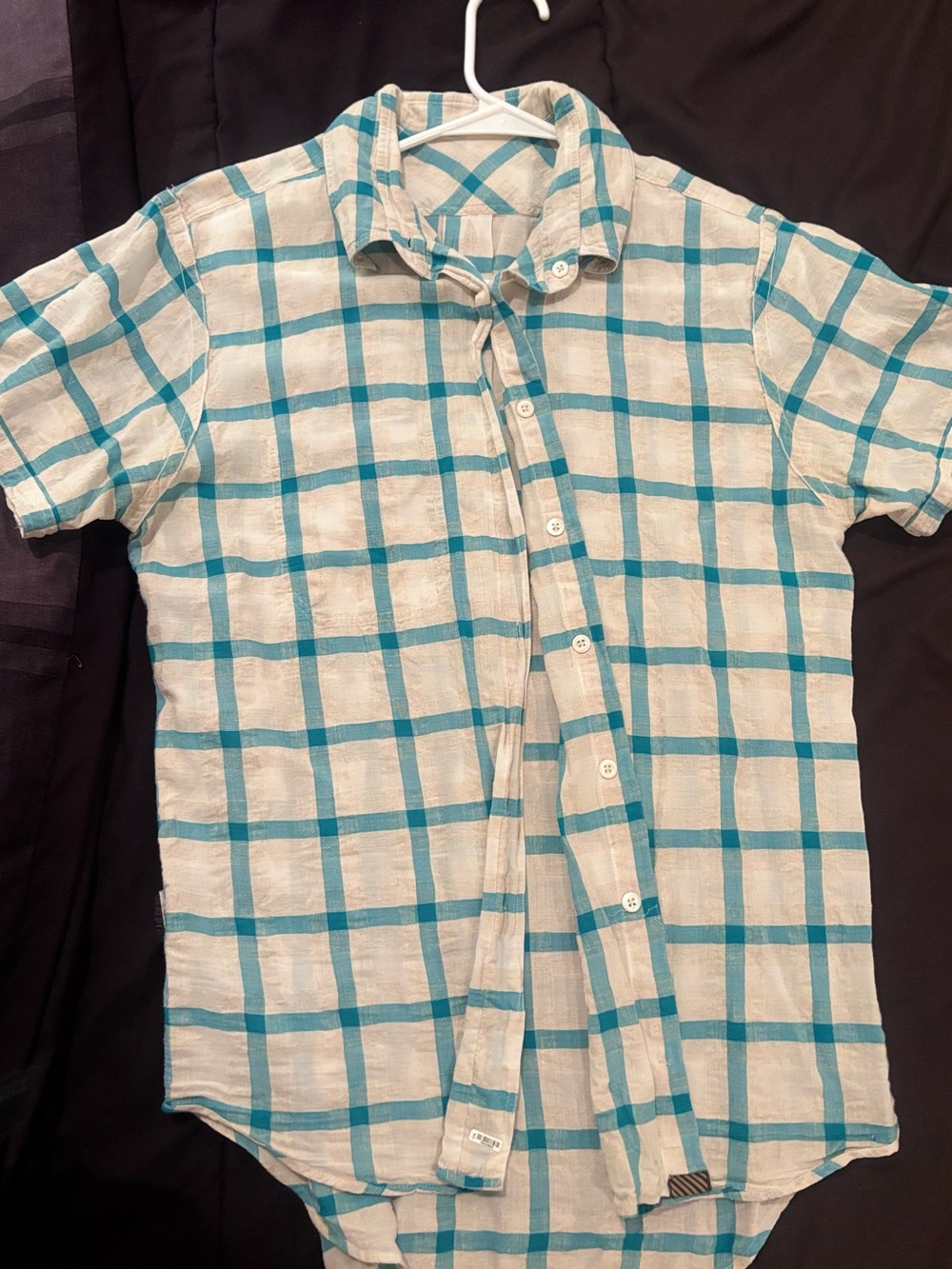 Billy Reid Cream and Teal Plaid Short-Sleeve Button-Down Shirt